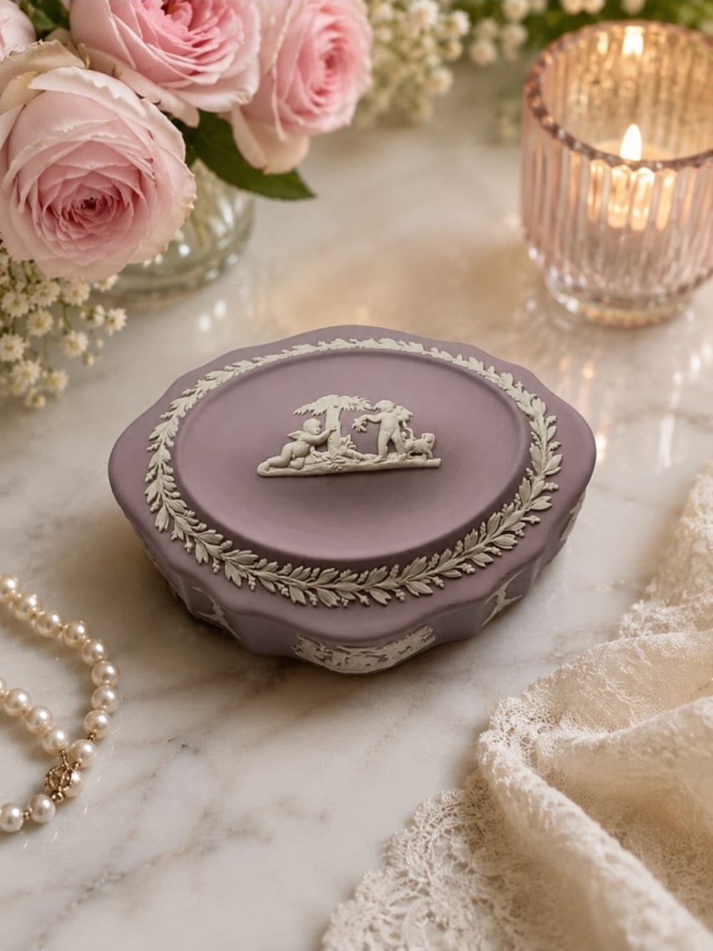 Vintage Wedgewood Lilac Cherub Jewelry Trinket Box Lid Jasperware Made n England